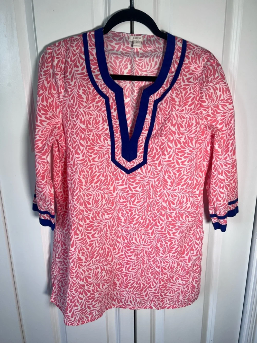J. Crew Coral Leaf-Print Tunic with White Background and blue trim